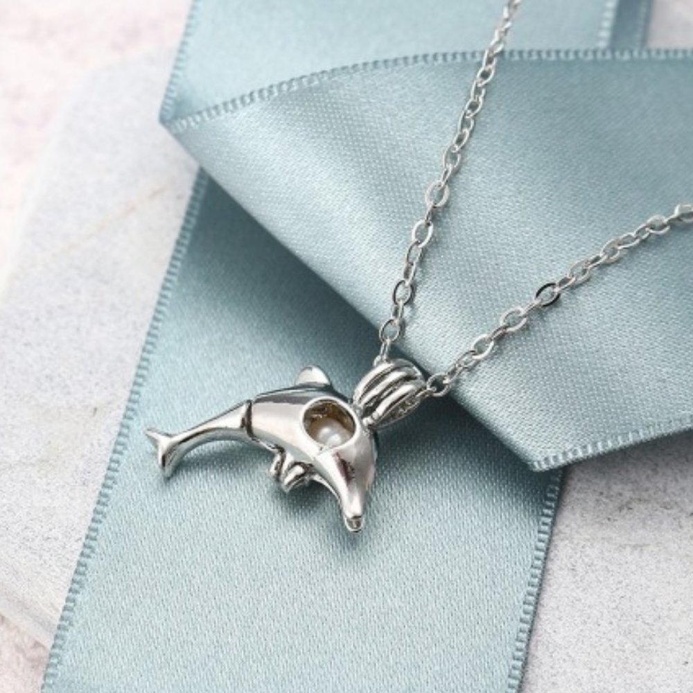 Long Kiss Pearl Cage Locket Dolphin 9.5" Necklace